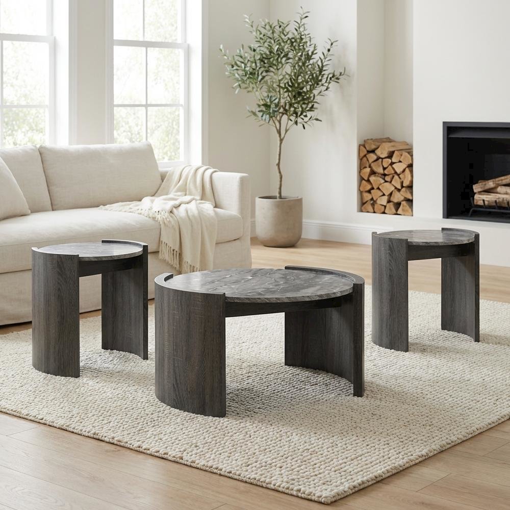 Distressed Grey 3-Piece Round Coffee and End Table Set with Contemporary Design