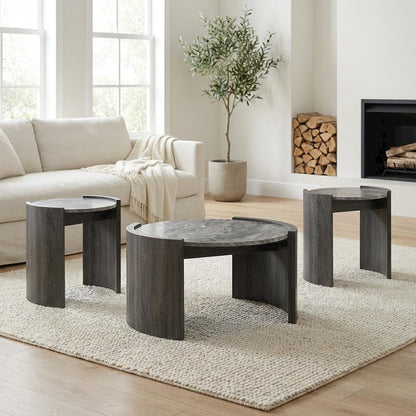Distressed Grey 3-Piece Round Coffee and End Table Set with Contemporary Design