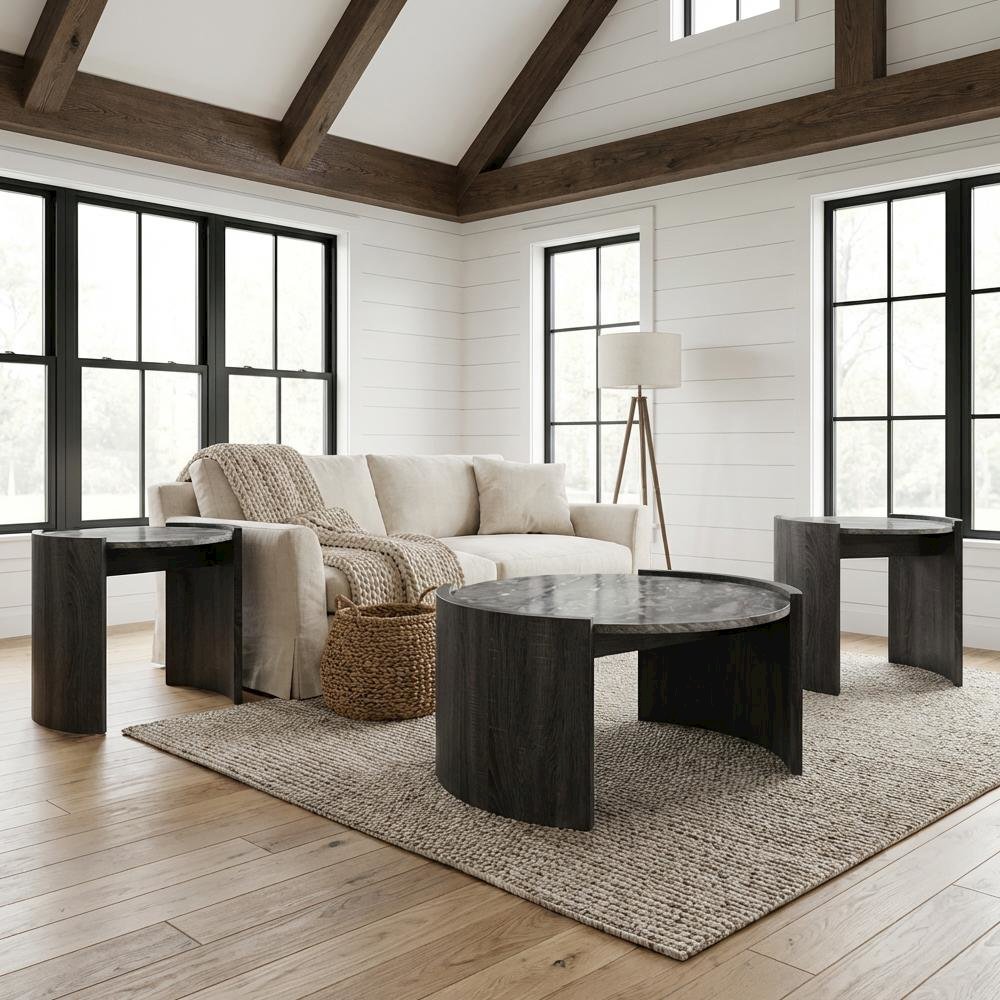 Distressed Grey 3-Piece Round Coffee and End Table Set with Contemporary Design