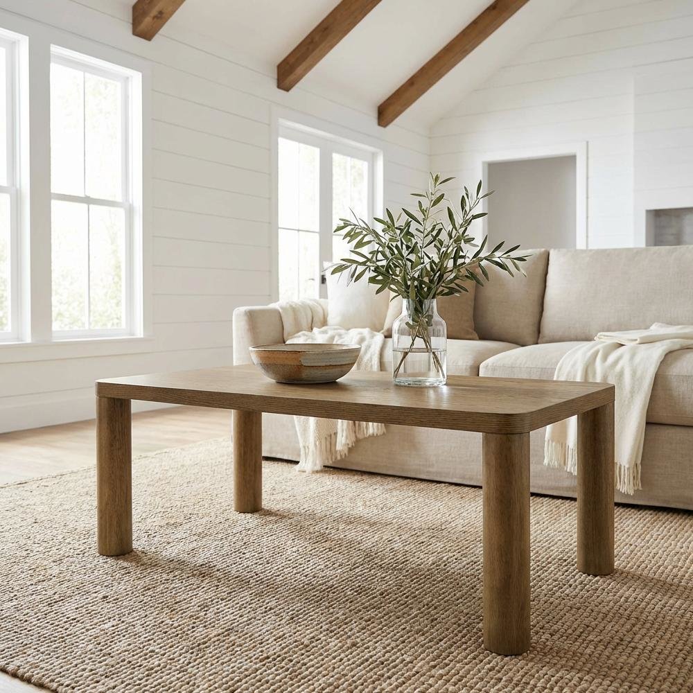 Brown Oak Rectangular Coffee Table Engineered Wood with Transitional Design