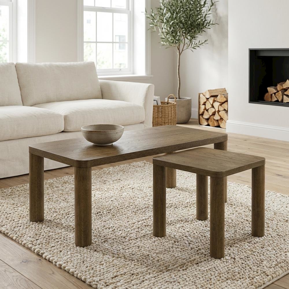 Brown Oak 2-Piece Coffee Table Set with Rectangular Coffee and End Table