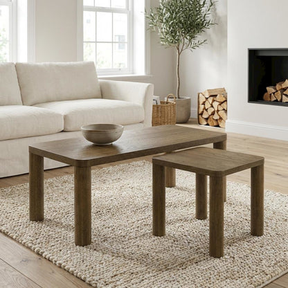 Brown Oak 2-Piece Coffee Table Set with Rectangular Coffee and End Table