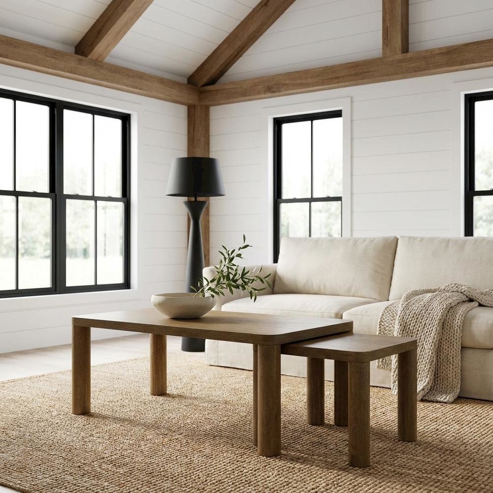 Brown Oak 2-Piece Coffee Table Set with Rectangular Coffee and End Table