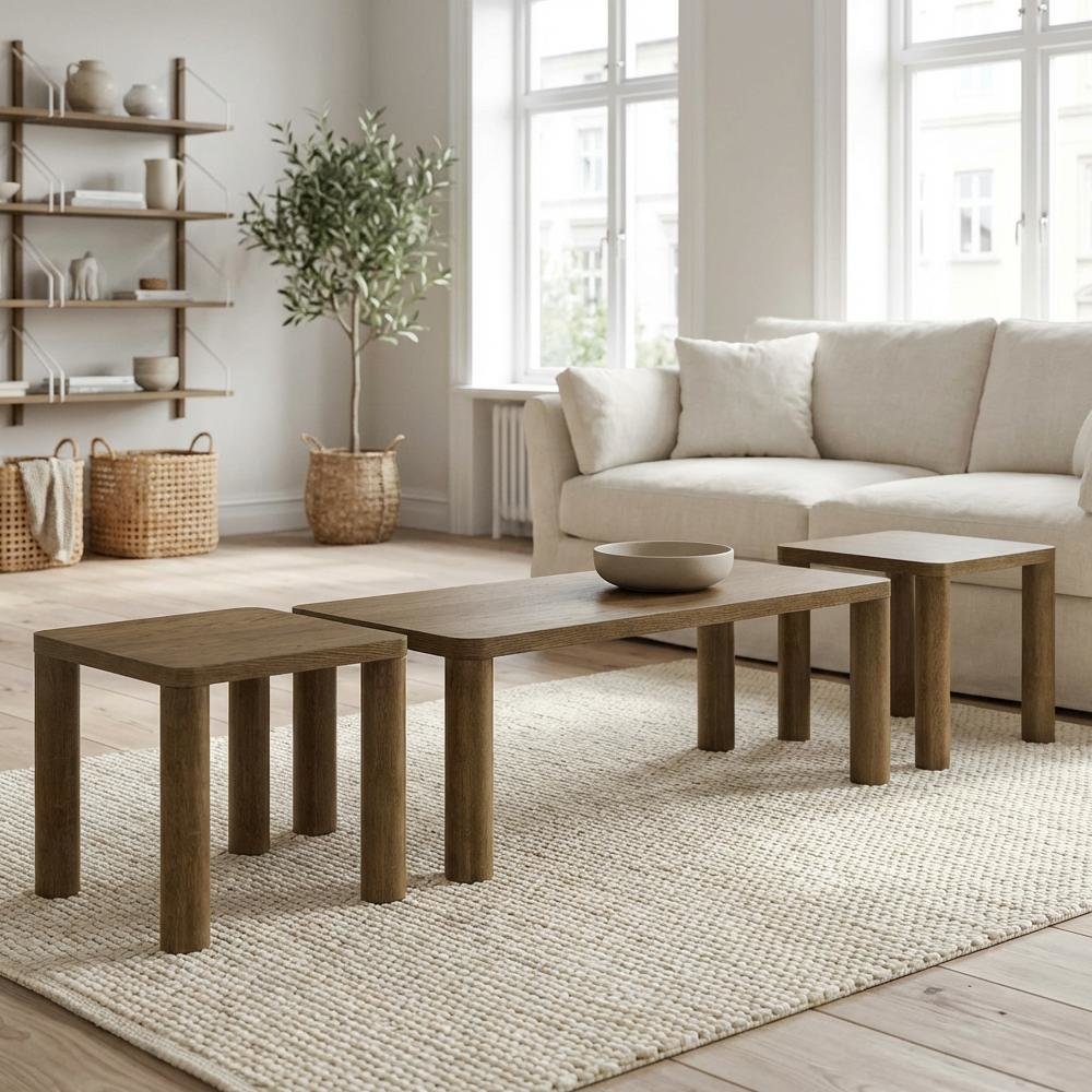 Brown Oak 3-Piece Coffee and End Table Set,Rectangular Tops, Transitional Design