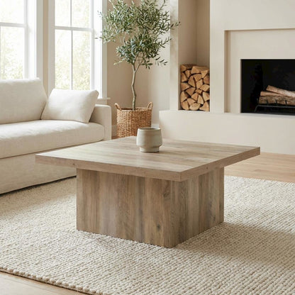Square Distressed Pine Coffee Table with Plastic Glide and Transitional Style