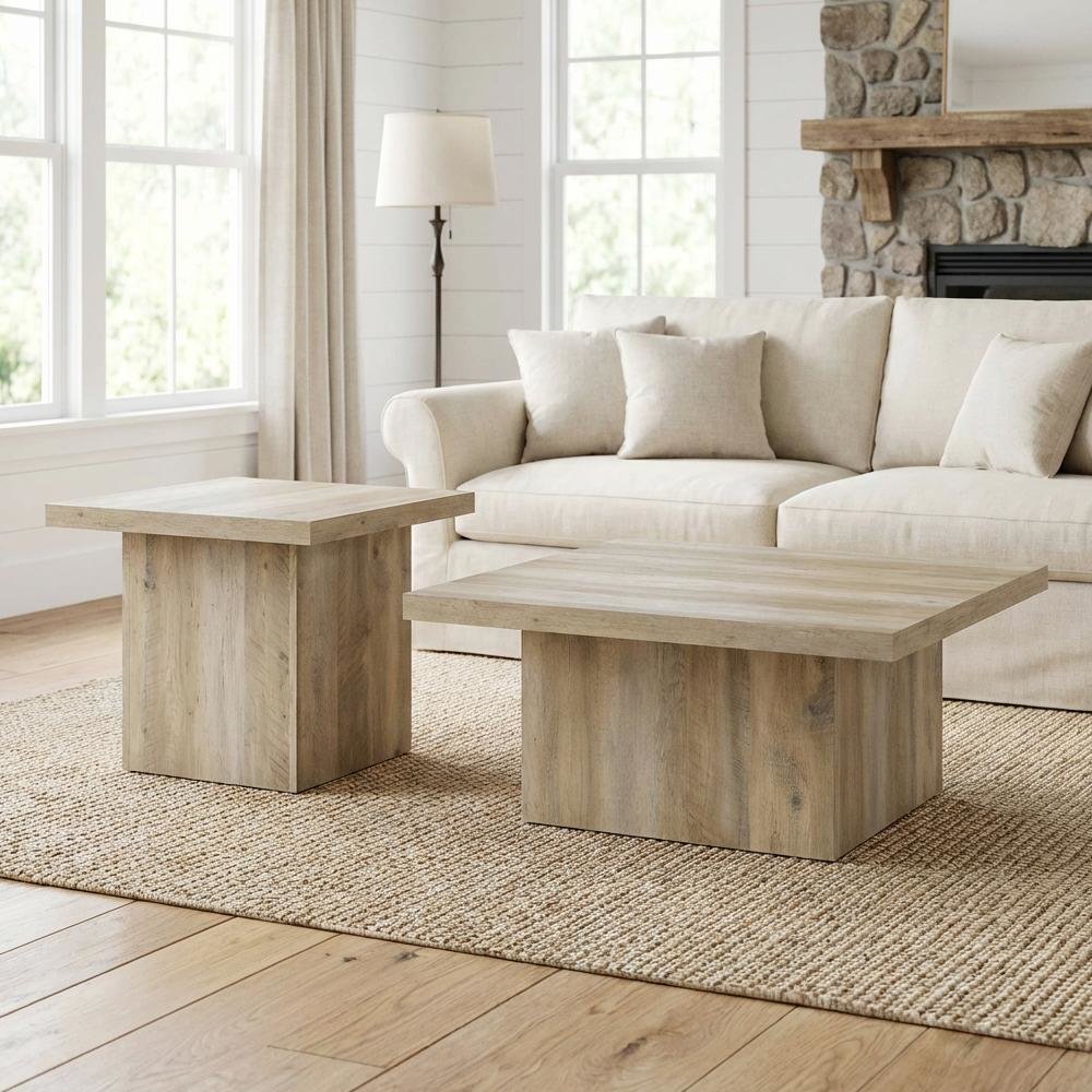 Distressed Pine 2-Piece Square Coffee and End Table Set with Plastic Glides