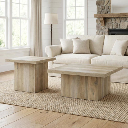 Distressed Pine 2-Piece Square Coffee and End Table Set with Plastic Glides