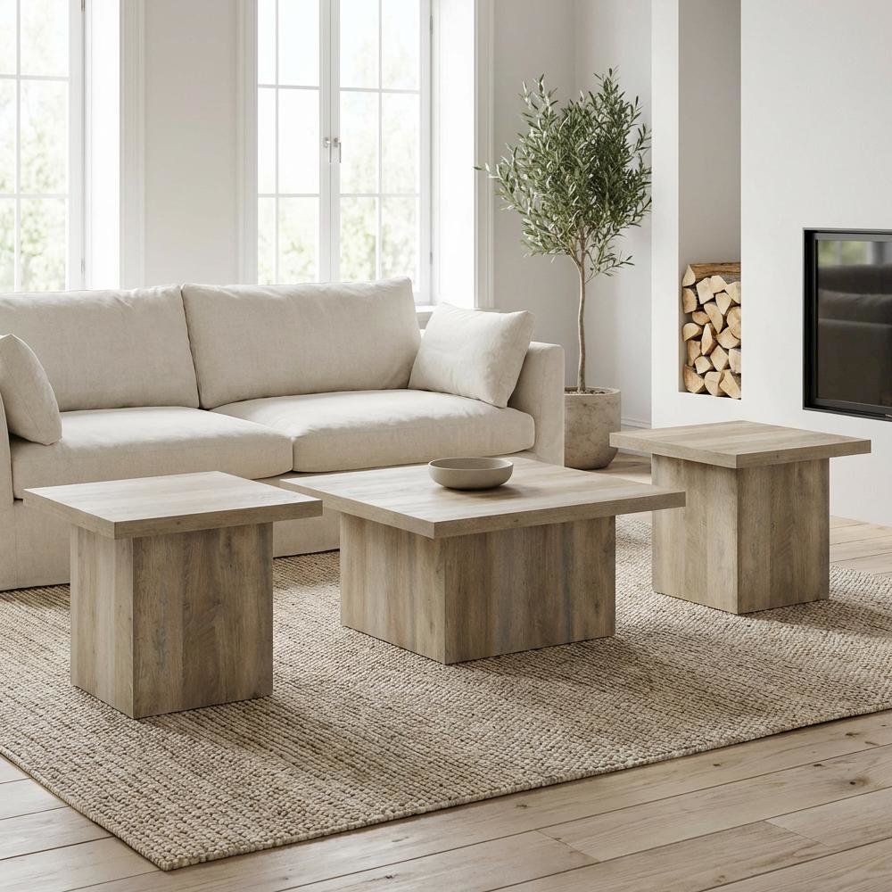 Distressed Pine 3-Piece Square Coffee and End Table Set with Plastic Glide