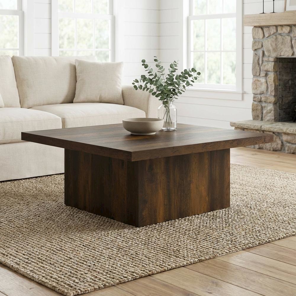 Dark Pine Square Engineered Wood Coffee Table with Plastic Glide Levelers