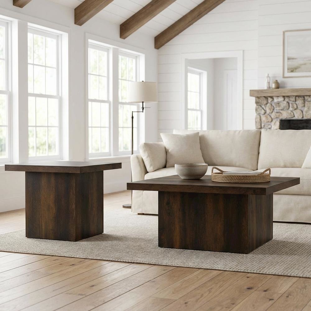 Dark Pine 2-Piece Square Coffee and End Table Set with Plastic Glide
