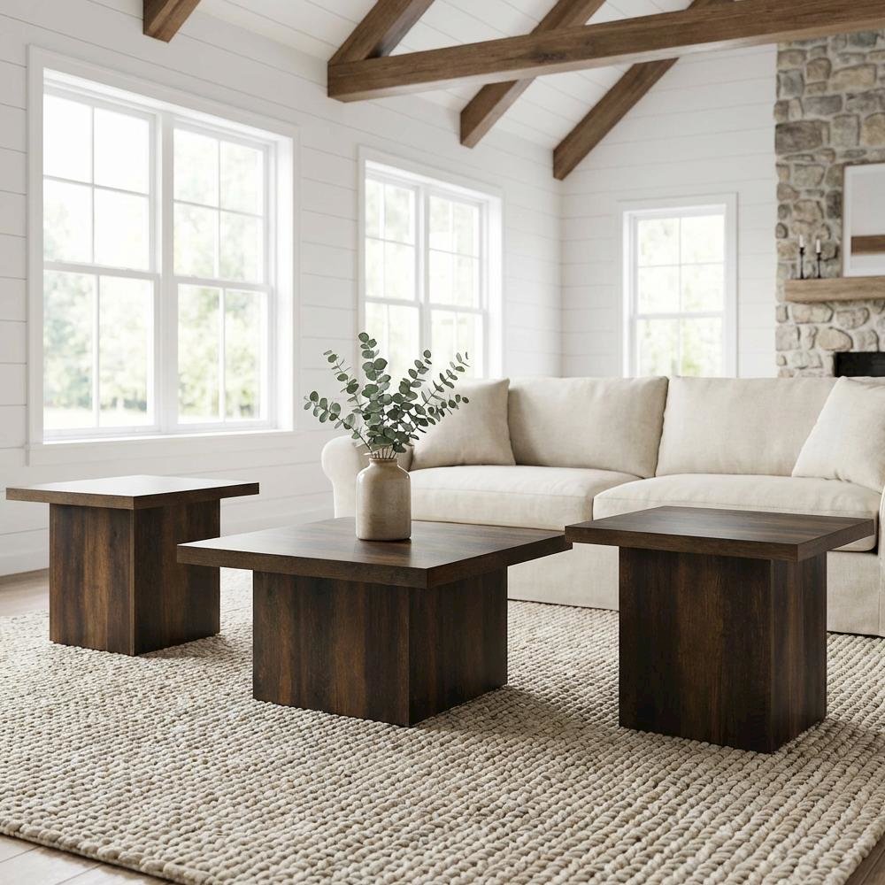Dark Pine 3-Piece Square Coffee and End Table Set with Plastic Glides