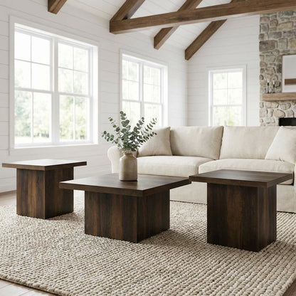 Dark Pine 3-Piece Square Coffee and End Table Set with Plastic Glides