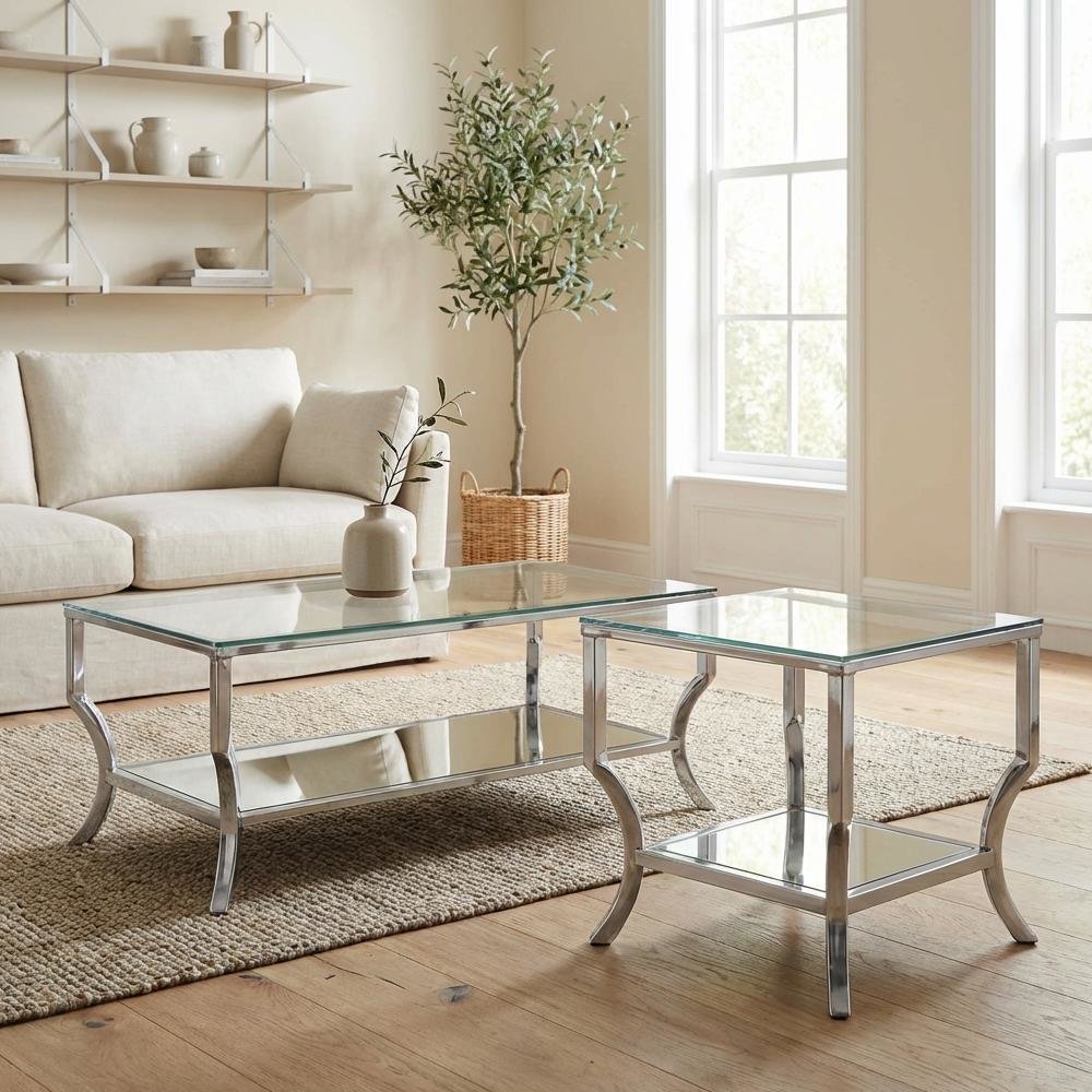 Glass Top Coffee and End Table Set Chrome, Levelers, Rectangular Modern Design