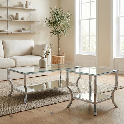Glass Top Coffee and End Table Set Chrome, Levelers, Rectangular Modern Design