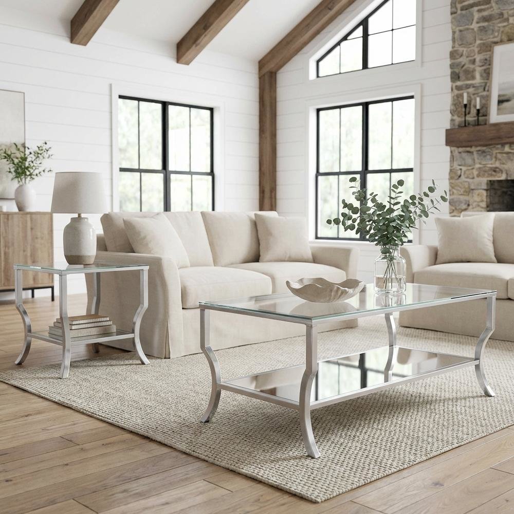 Glass Top Coffee and End Table Set Chrome, Levelers, Rectangular Modern Design