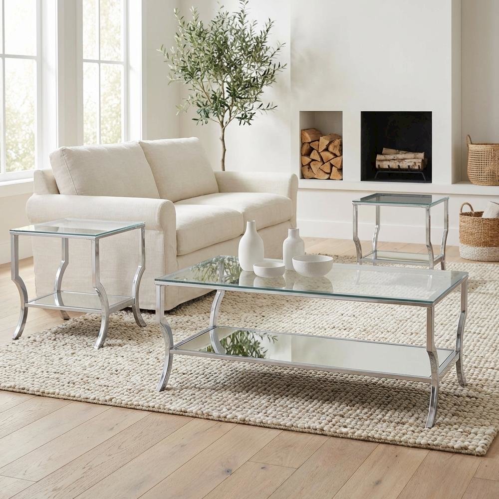 Chrome 3-Piece Glass Top Coffee and End Table Set with Levelers