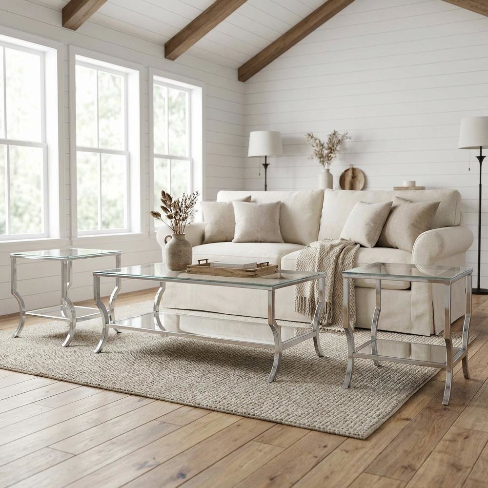 Chrome 3-Piece Glass Top Coffee and End Table Set with Levelers
