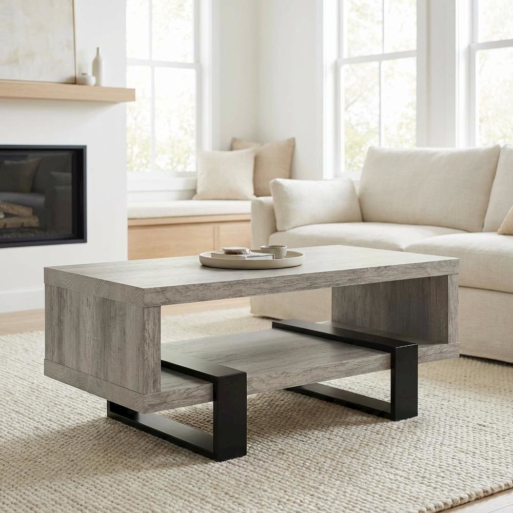 Grey Driftwood Rectangular Coffee Table Engineered Wood Contemporary Design