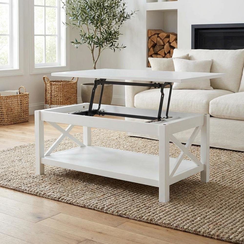 White Rectangular Lift-Top Coffee Table with Plastic Glide and Coastal Style