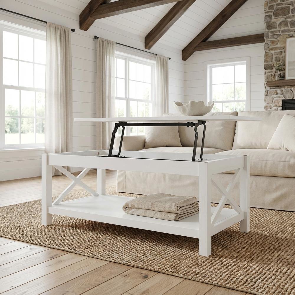 White Rectangular Lift-Top Coffee Table with Plastic Glide and Coastal Style
