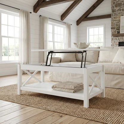 White Rectangular Lift-Top Coffee Table with Plastic Glide and Coastal Style
