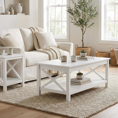 White 2-Piece Rectangular Lift Top Coffee Table Set with Coastal Style