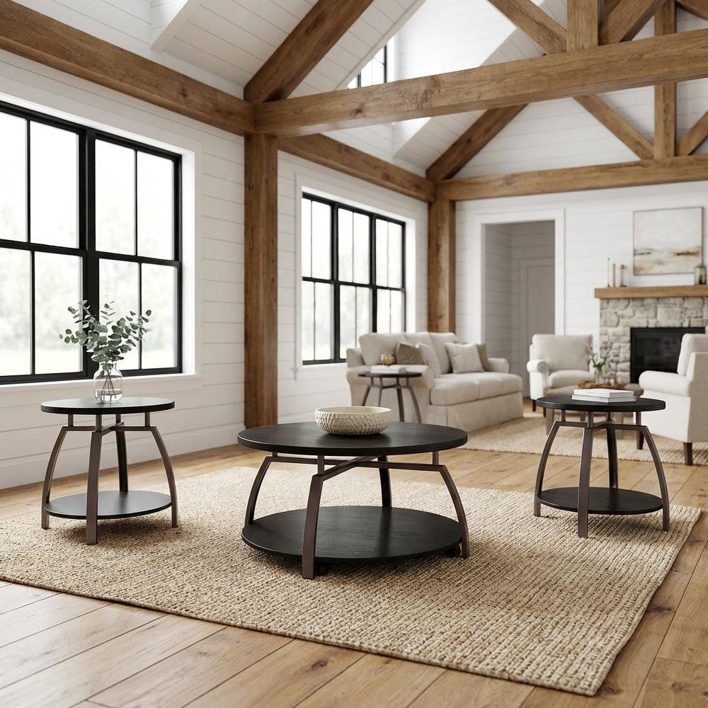 Dark Charcoal Round 3-Piece Coffee and End Table Set with Contemporary Design