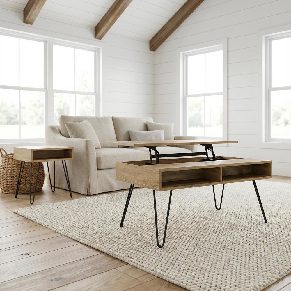Golden Oak 2-Piece Lift Top Coffee and End Table Set with Rustic Design