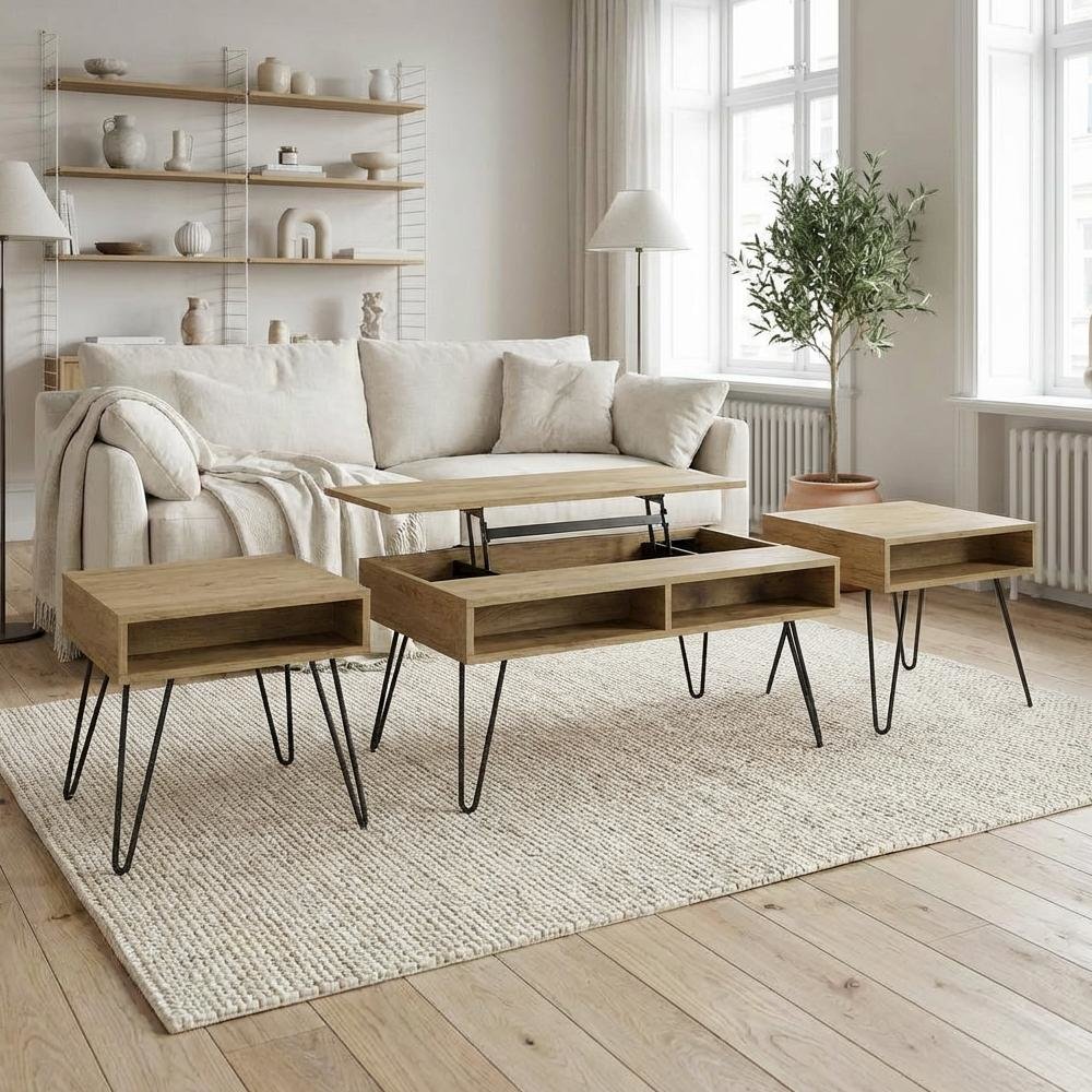 Golden Oak 3-Piece Lift Top Coffee and End Table Set with Rustic Design