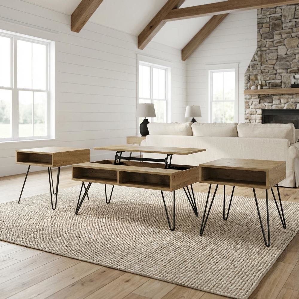 Golden Oak 3-Piece Lift Top Coffee and End Table Set with Rustic Design