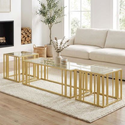 Matte Brass 3-Piece Living Room Table Set with Rectangular Coffee and End Tables