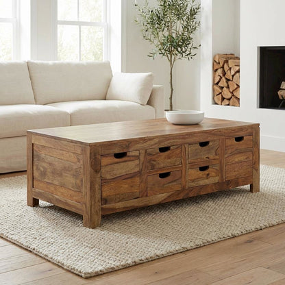 Sheesham Wood Coffee Table Brown 6-Drawer Rectangular Design