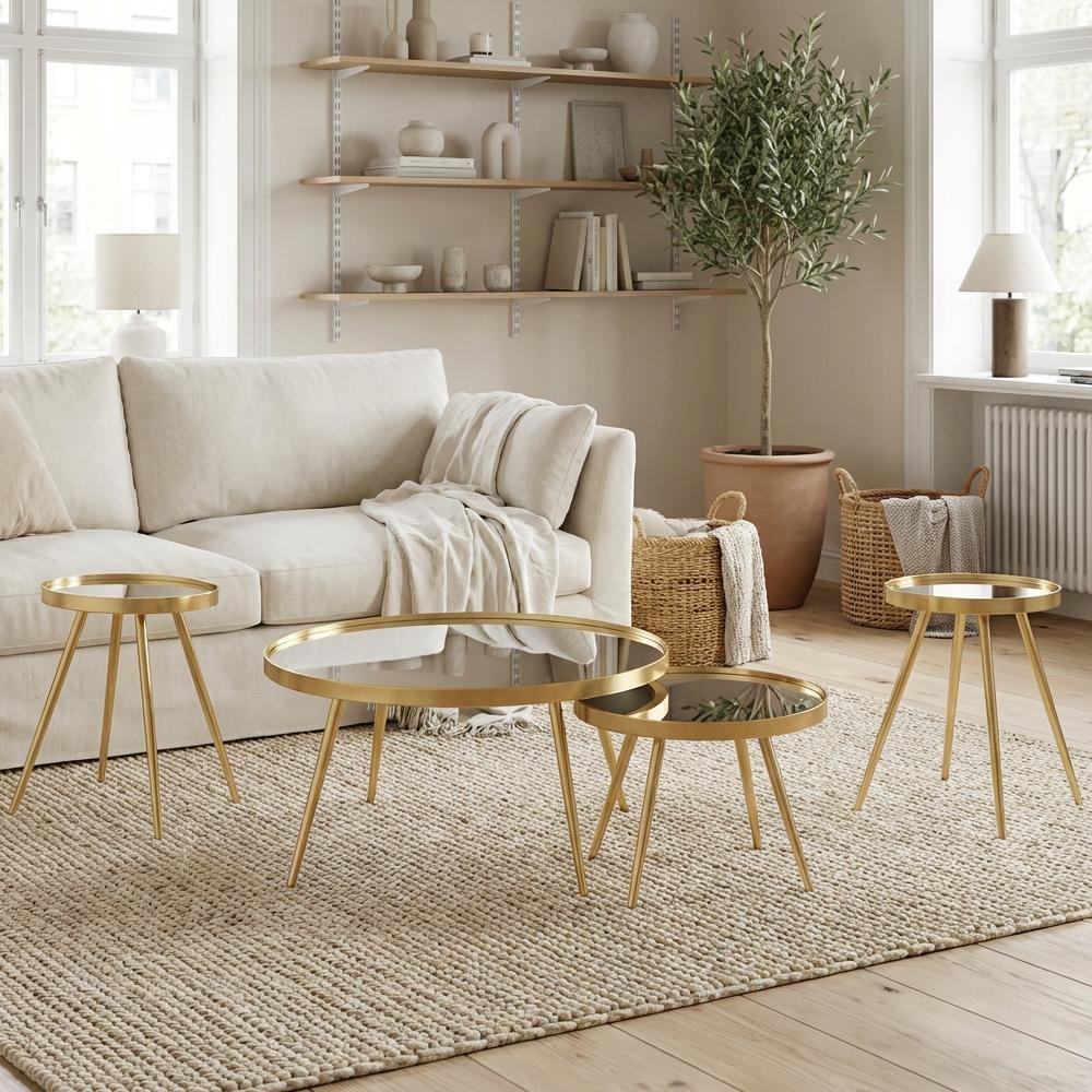 Gold 4-Piece Round Coffee and End Table Set, Contemporary Style