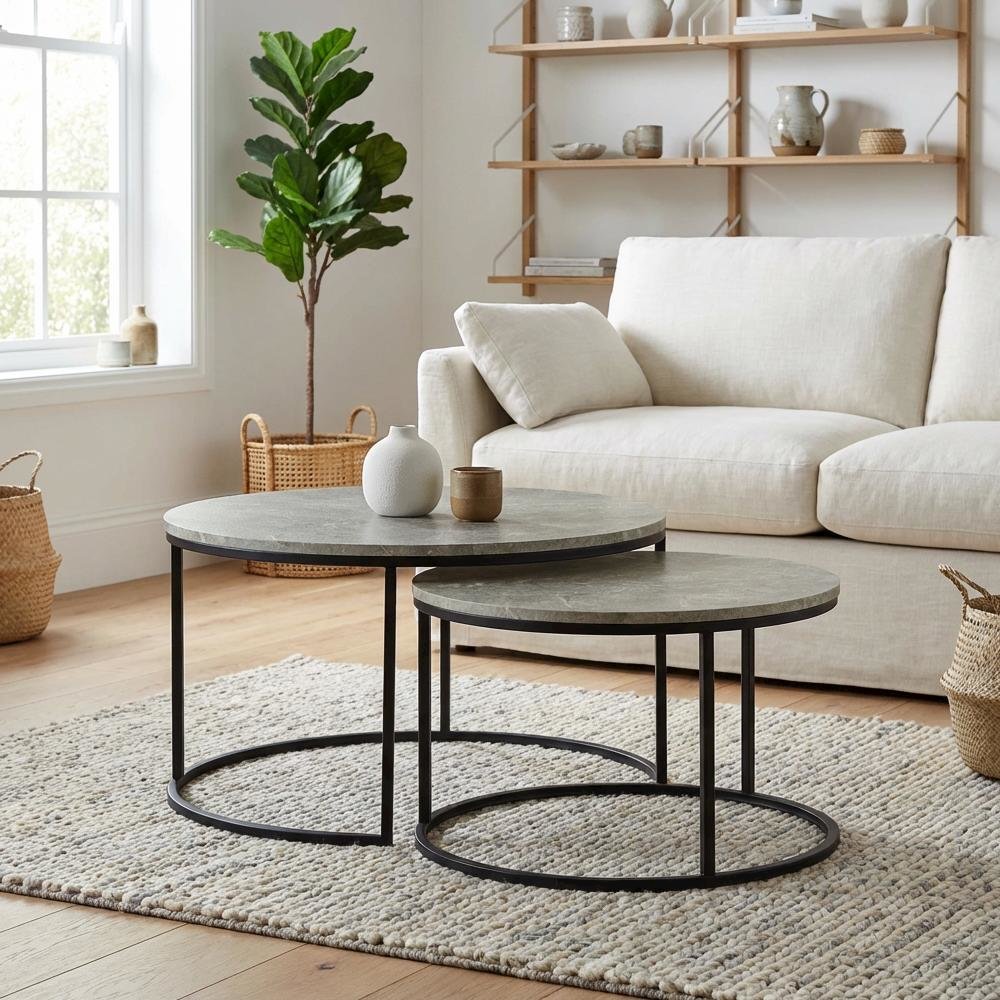 Round Grey Nesting Coffee Tables 2-Piece Set with Faux Marble Tops