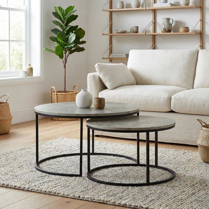 Round Grey Nesting Coffee Tables 2-Piece Set with Faux Marble Tops