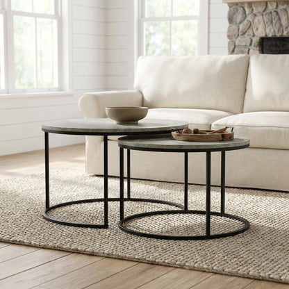 Round Grey Nesting Coffee Tables 2-Piece Set with Faux Marble Tops