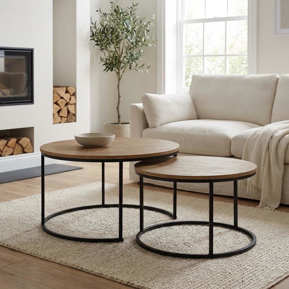 Round Mango 2-Piece Nesting Coffee Table Set, Rustic Design and Plastic Glide