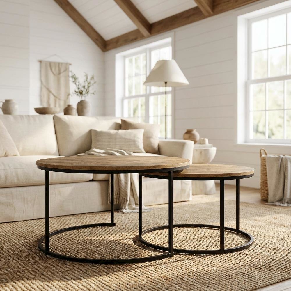 Round Mango 2-Piece Nesting Coffee Table Set, Rustic Design and Plastic Glide