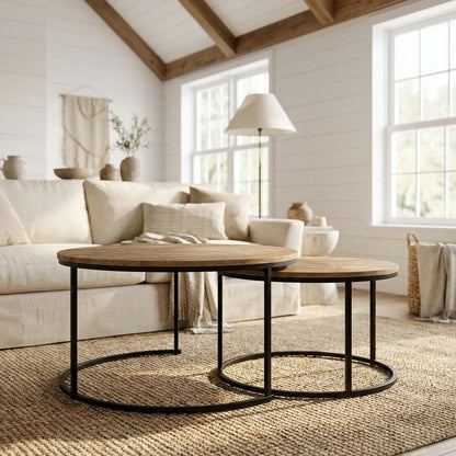 Round Mango 2-Piece Nesting Coffee Table Set, Rustic Design and Plastic Glide