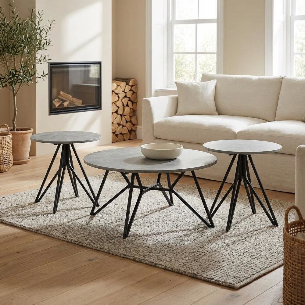 3-Piece Round Cement Coffee and End Table Set with Rustic Style
