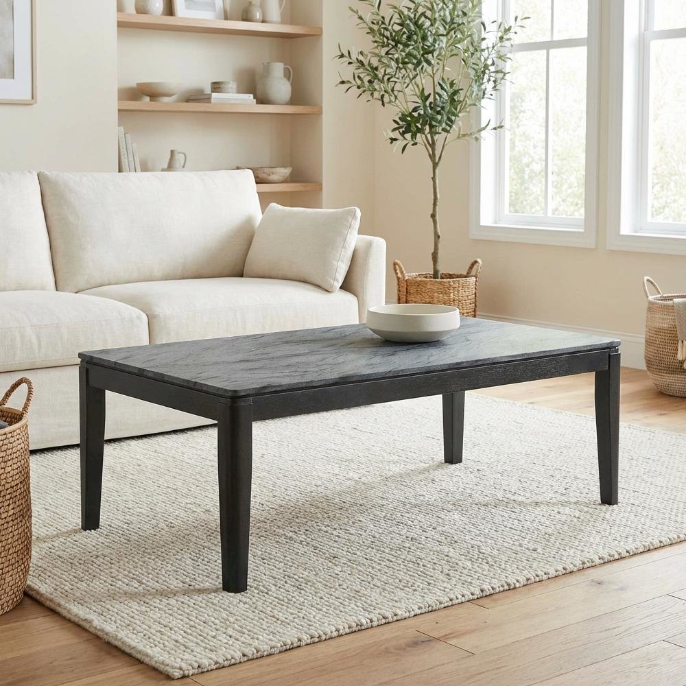 Grey Rectangular Faux Marble Coffee Table with Black Wood Finish