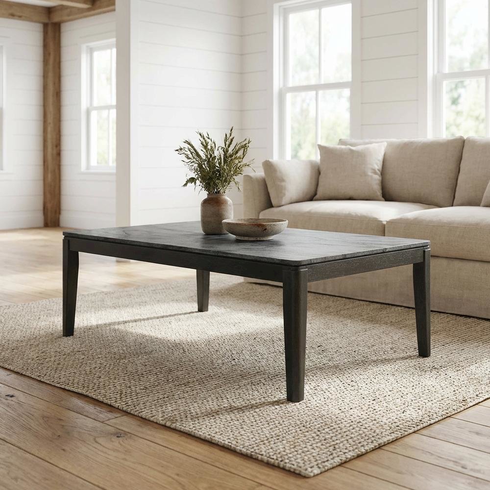 Grey Rectangular Faux Marble Coffee Table with Black Wood Finish