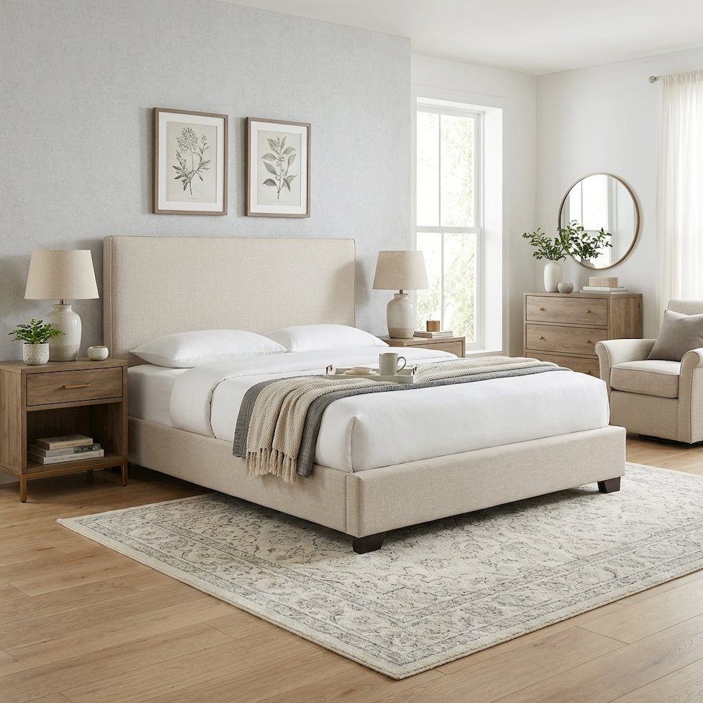Ivory Upholstered King Panel Headboard, Polyester Fabric, Transitional Design