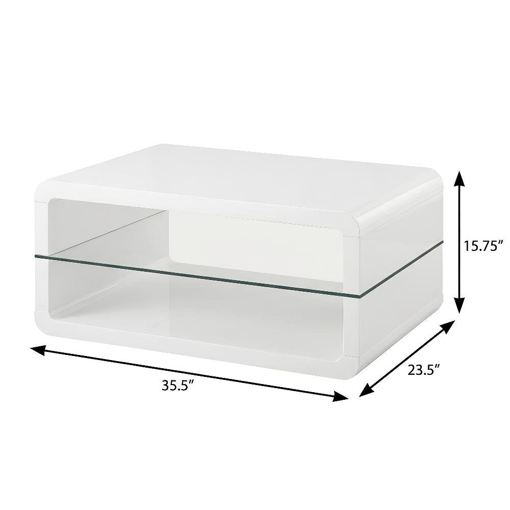 White Rectangular Coffee Table with High Gloss Finish and 1 Shelf for Storage