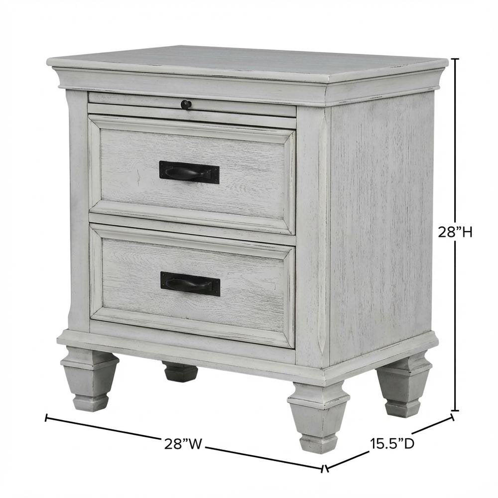 Distressed White Nightstand with 2 Drawers and Farmhouse Style