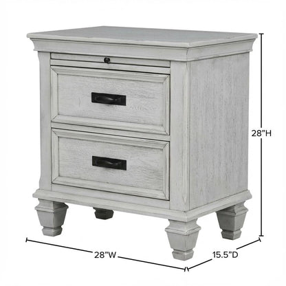 Distressed White Nightstand with 2 Drawers and Farmhouse Style
