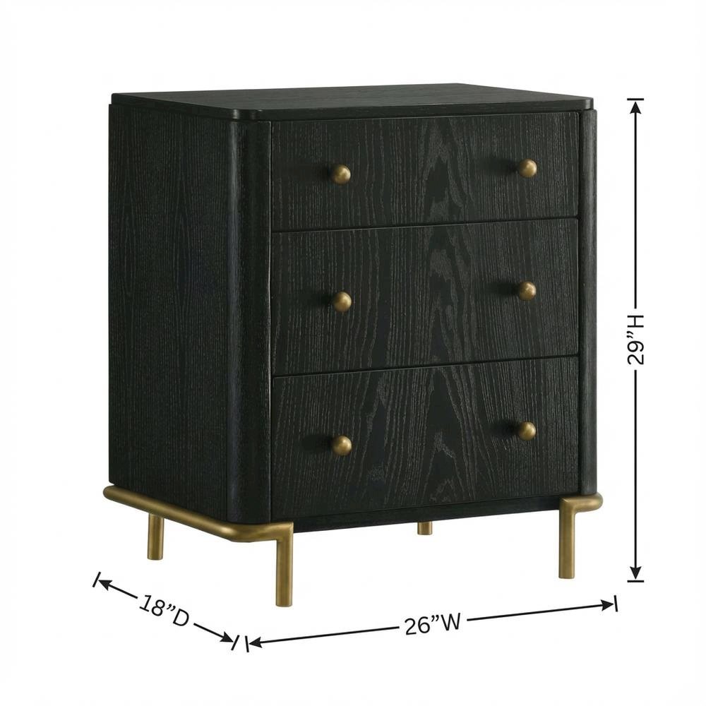 Black Bedroom Nightstand with 3 Drawers and Coastal-Inspired Design