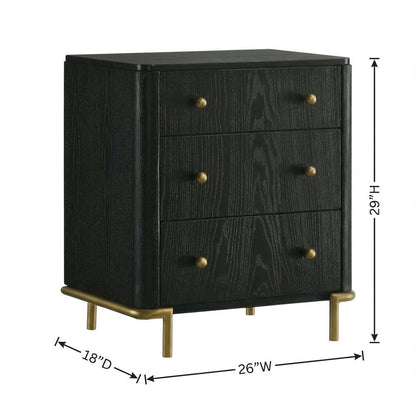 Black Bedroom Nightstand with 3 Drawers and Coastal-Inspired Design