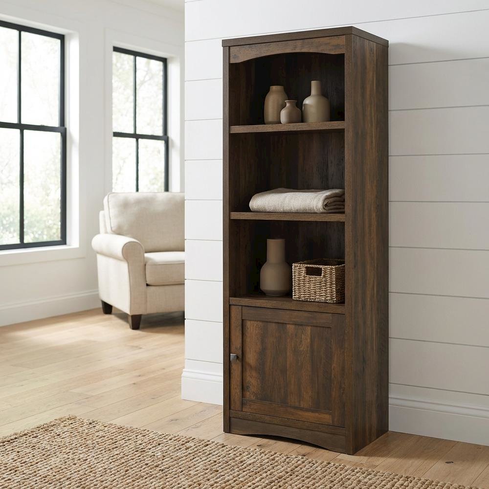 Dark Pine 3-Shelf Media Tower With Transitional Style And Tipover Restraint