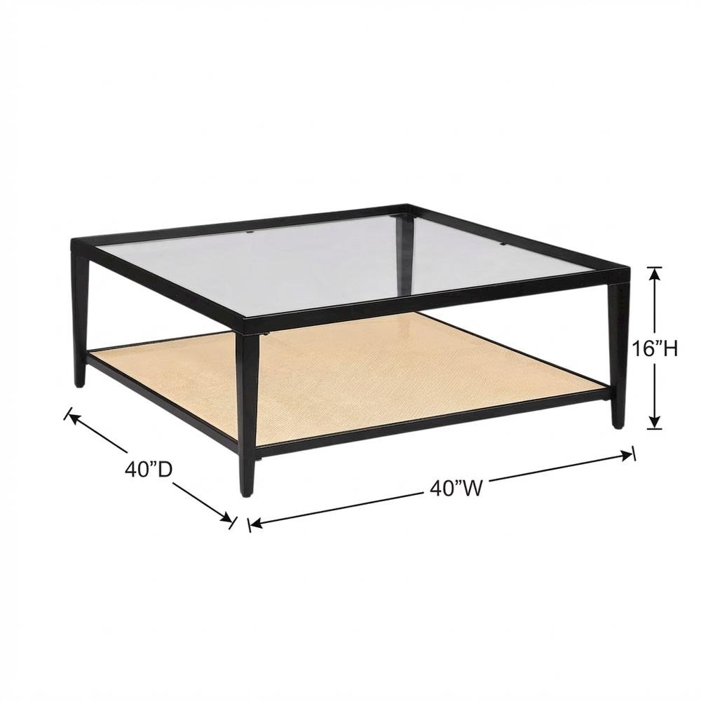 Black Glass Top Metal Coffee Table with Cane Shelf, Transitional Style
